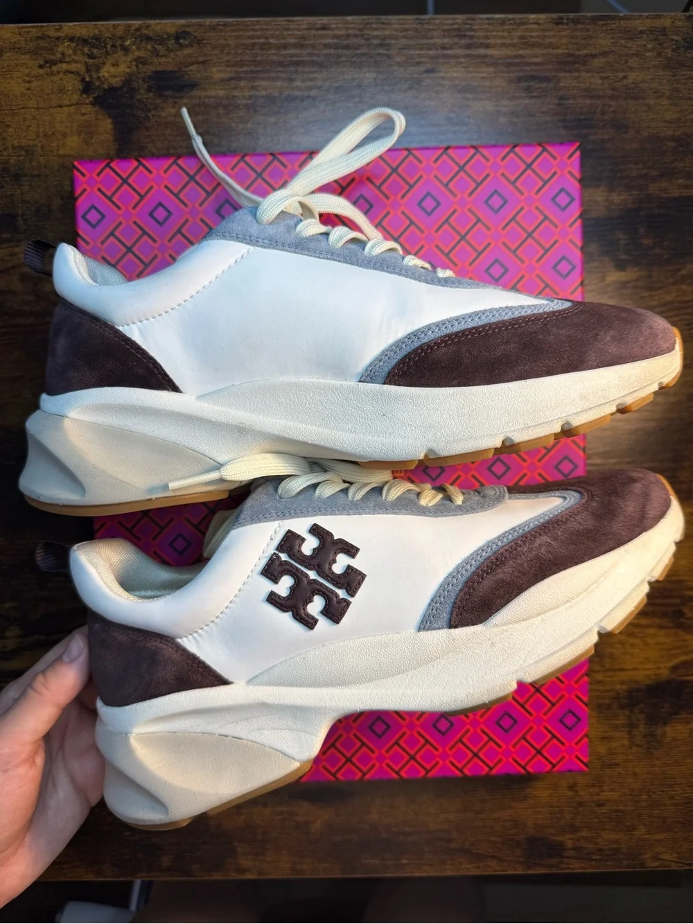 Tory Burch White and Dark Brown Leather Suede Sneakers Size 9